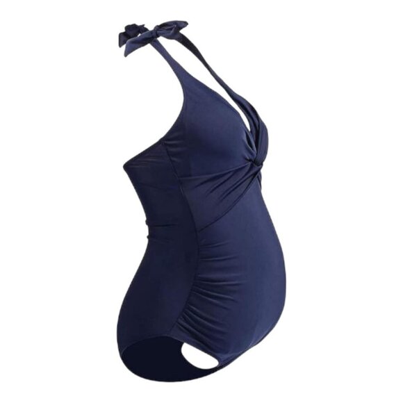 V-Neck Halter Pregnancy Ruched Swimsuit Drawstring Navy Blue Size Med NWT #1661 - Picture 2 of 4